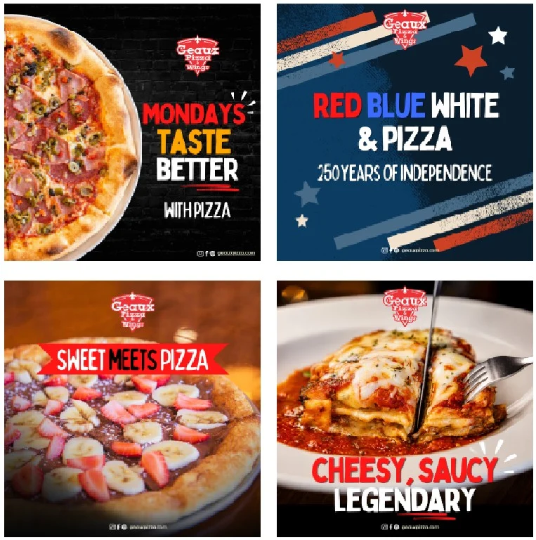 Piezas de redes sociales para GEAUX Pizza