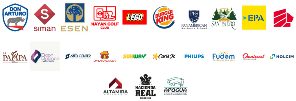 Logos de Don Arturo, Siman, ESEN, Mayan Golf Club, LEGO, Burger King, Panamerican Business School, San Isidro, EPA, La Pampa, Body Balance, Med Center, Davivienda, Subway, Carl’s Jr, Philips, Fudem, Omnisport, Holcim, Altamira, Hacienda Real y Apogua