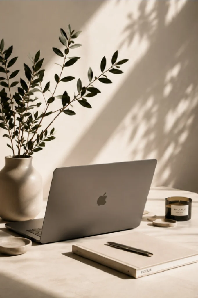 Laptop junto a una planta con luz natural