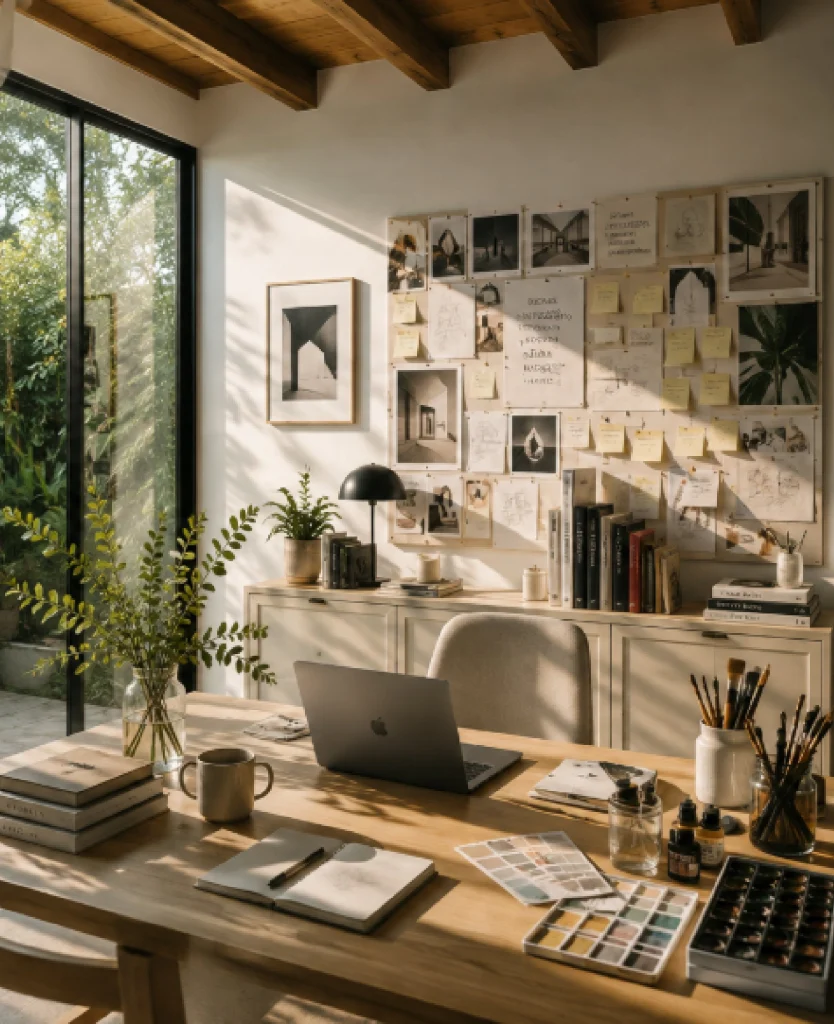 Escritorio de trabajo con moodboard y luz cálida